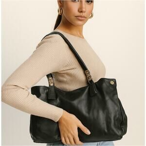 Antonio Melanie Supple Leather Slouchy Shoulder Bag Purse Tote Black Gold
